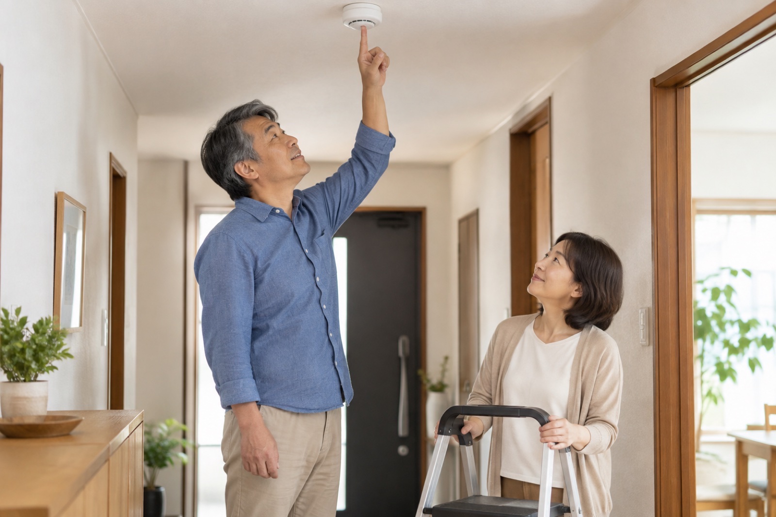 住宅用火災警報器の点検をする中高年夫婦