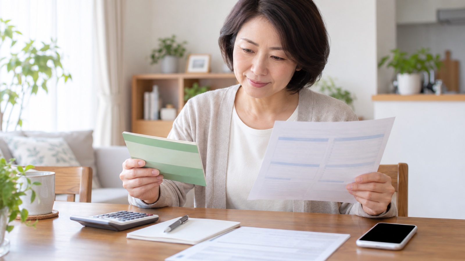 通帳と引き落とし明細を確認する中高年女性