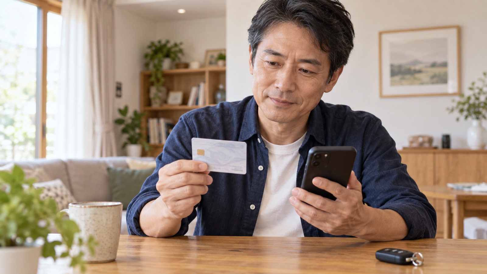 電子車検証とスマートフォンを確認する中高年男性