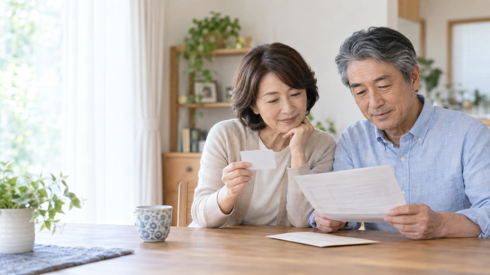 マイナ保険証と医療費の書類を確認する夫婦