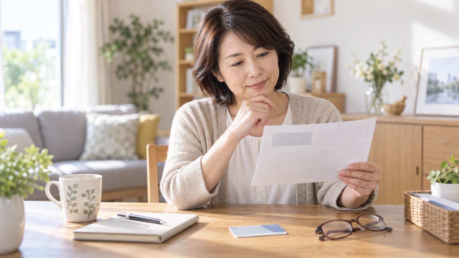 マイナンバーカードの更新通知を確認する中高年女性