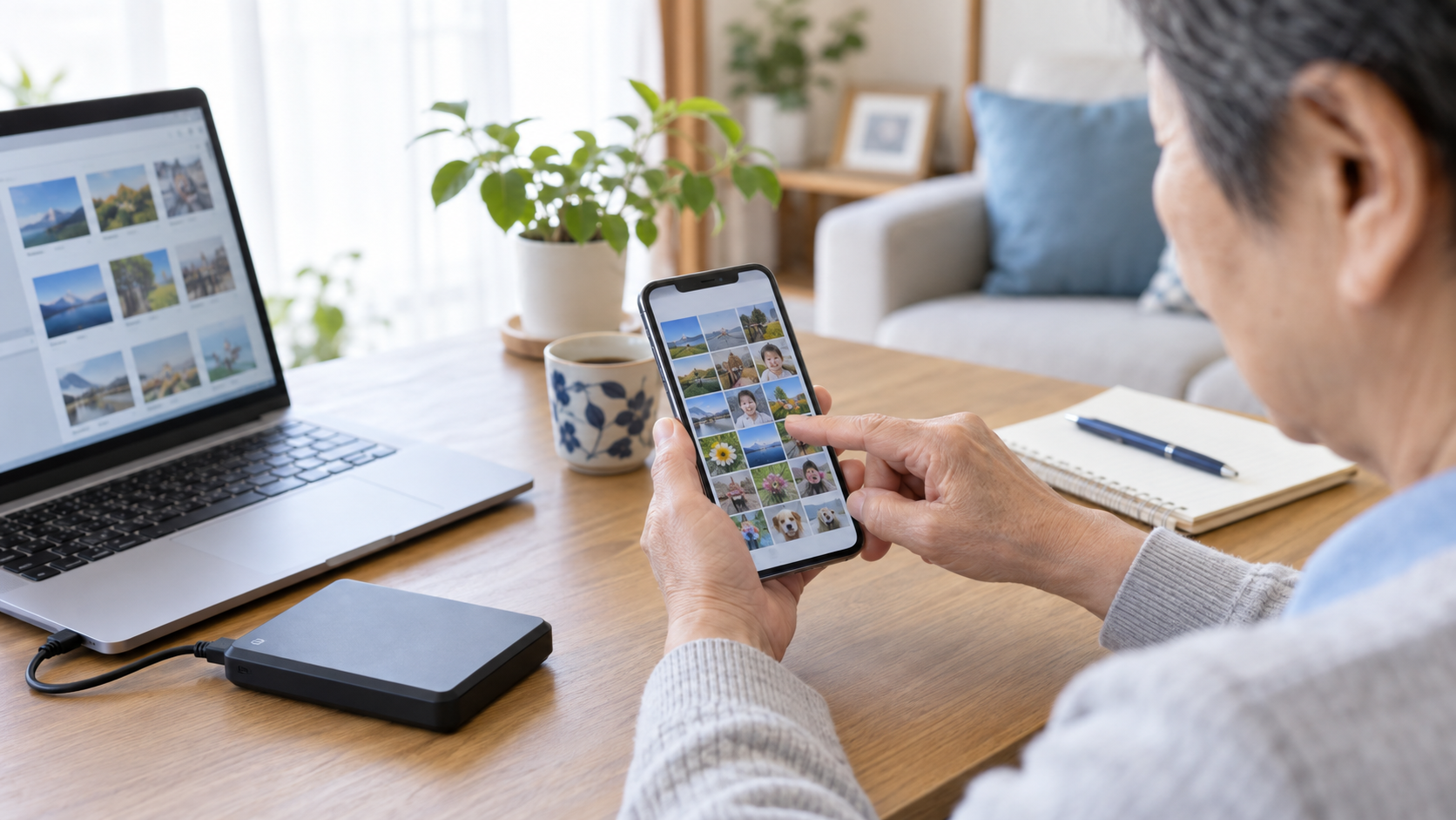 スマートフォンの写真を確認しながら安全に容量を整理する様子