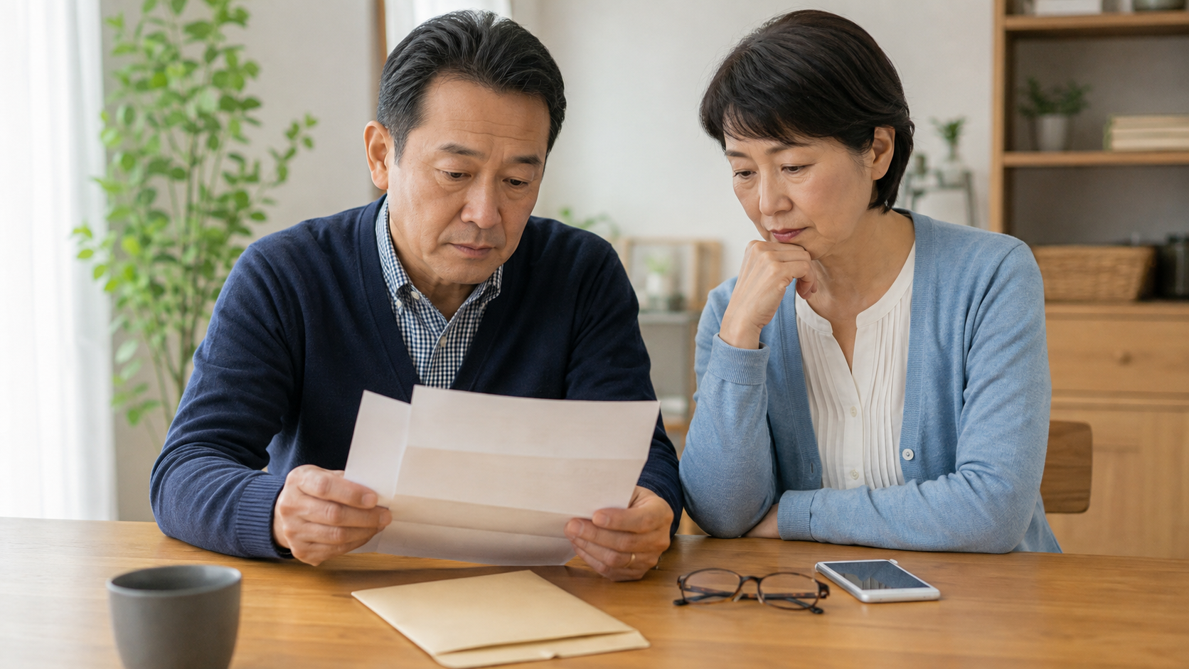 年金に関する書類を夫婦で確認する様子