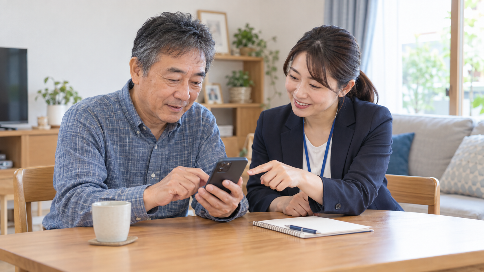 スマホの使い方を訪問サポートで確認する中高年の男性