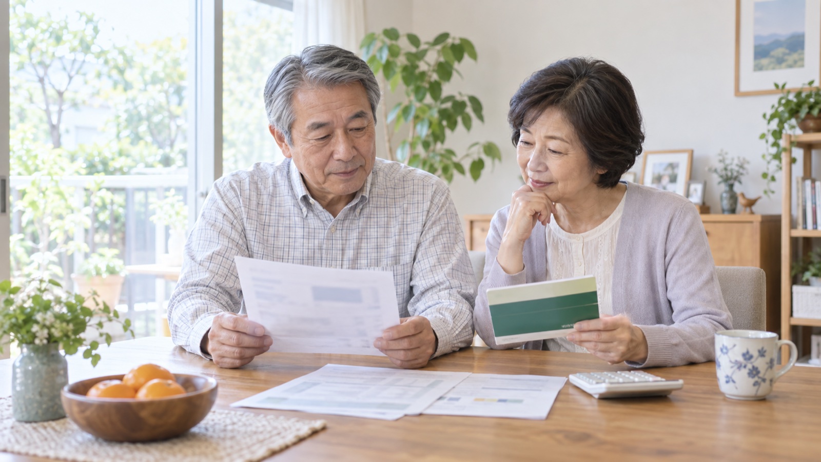 年金振込通知書と通帳を机の上で確認する夫婦