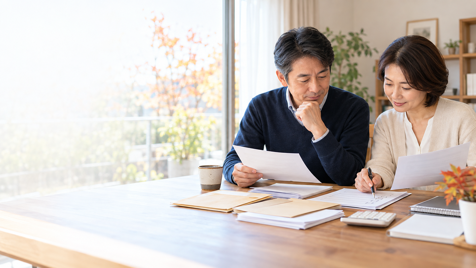 年末調整の保険料控除証明書を確認する夫婦